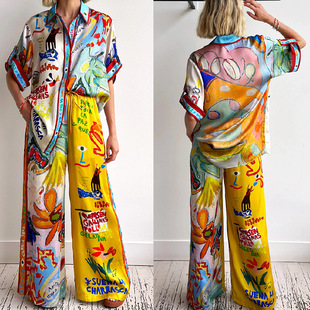 sleeved short vacation casual set Satin drawstring printed