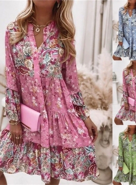 Printed dress loose fashionable V-neck chiffon pleated skirt