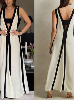 Sexy double-sided V-neck contrasting casual dress 休闲连衣裙