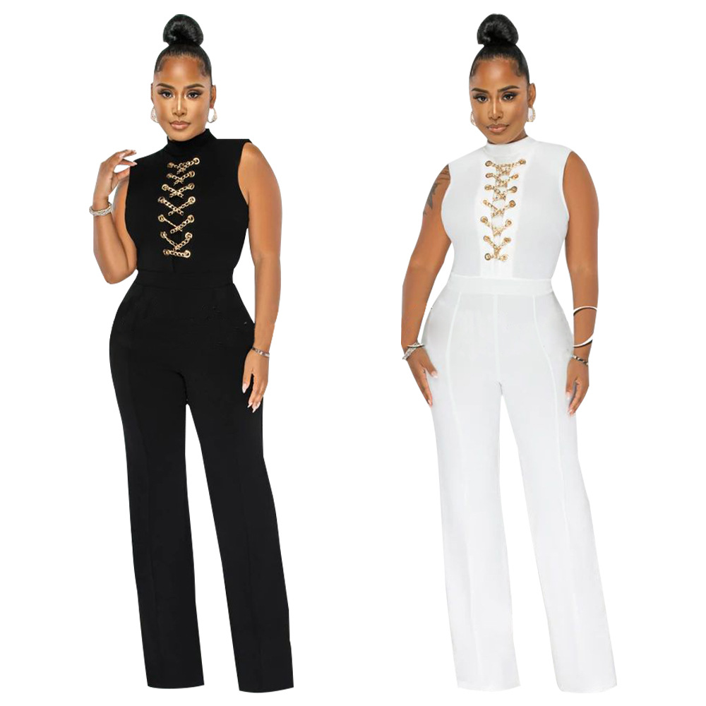 Women's sexy sleeveless round neck one-piece wide leg pants
