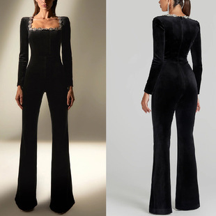square neck long Women flared velvet sleeve jumpsuit studded
