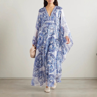 printed loose dress white 裙 neck porcelain Blue oversized