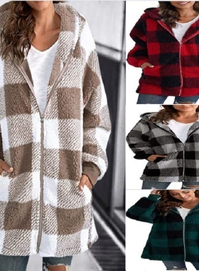 Long Sleeve Plaid Hooded Zipper Pocket Loose Outerwear Set