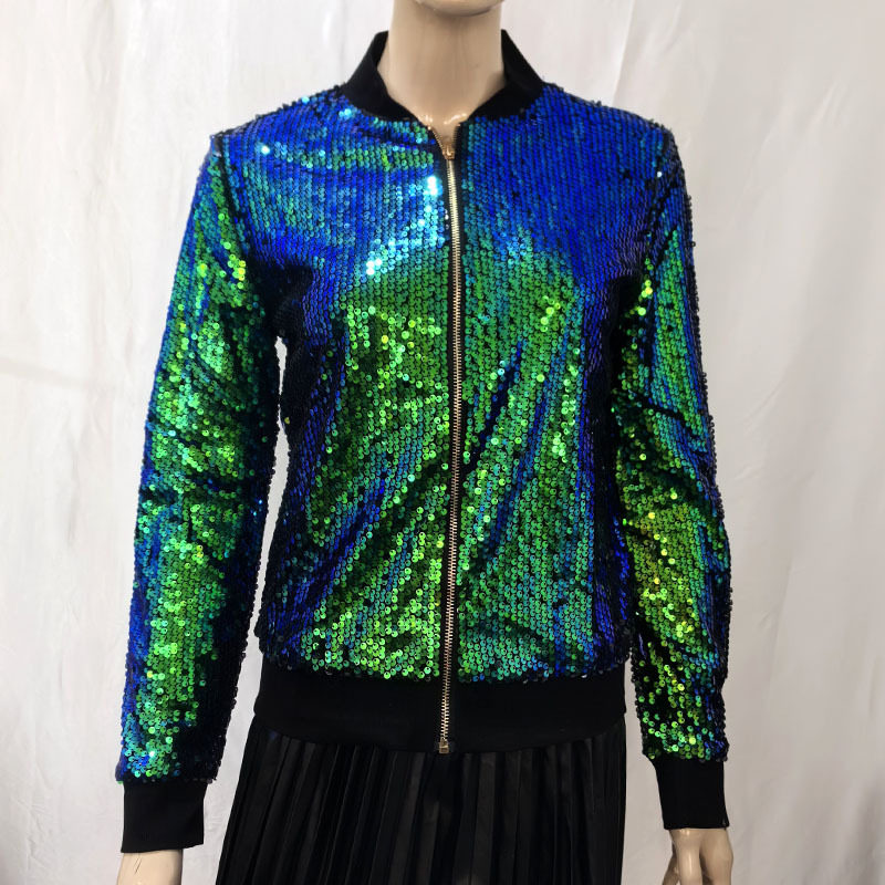 women's top fashion color blocked sequin short zipper jacket