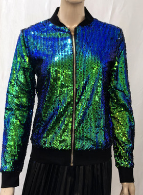 women's top fashion color blocked sequin short zipper jacket
