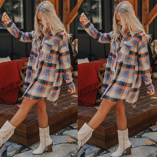 plaid cardigan long women lapel patchwork sleeved dress