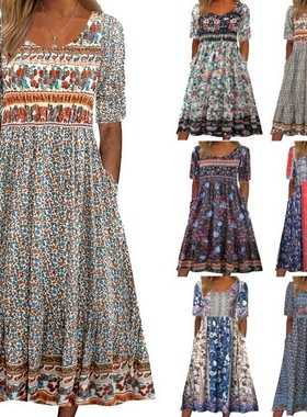 Women's Round Neck Short Sleeve Maxi Dress Boho Print Skirt