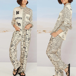 sleeved set plus piece two pants long printed size Women