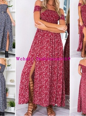 Sexy woemn big size XXL print slit long beach dress 连衣裙