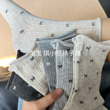 蝴蝶结袜子女夏季纯棉薄款长筒袜韩国百搭日系简约纯色堆堆中筒袜