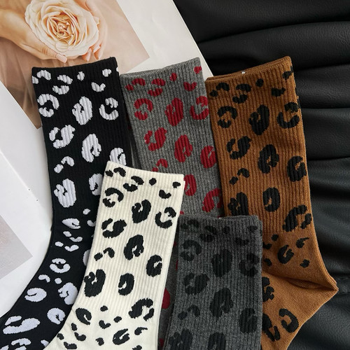 袜子女秋冬纯棉ins潮安哥拉红豹纹高腰长筒袜韩国百搭时尚堆堆袜
