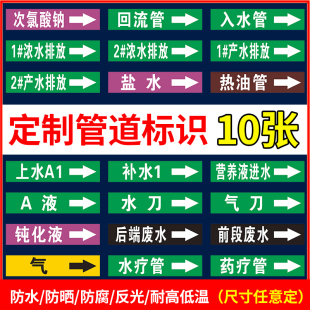 10张管道标识化工管路贴空气排水介质流向箭头盐水热油管循环水废气药疗管路色环箭头标示反光膜提示警示标签