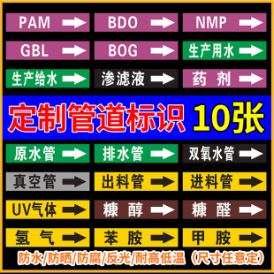 10张反光管路标识贴工业流向介质管道箭头标签PAM生产用水给水渗滤液药剂原水排水双氧水真空进出料氢气管贴