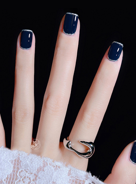 纯手工穿戴甲短款显白高贵冷艳藏蓝色细闪亮片法式边深蓝美甲贴片