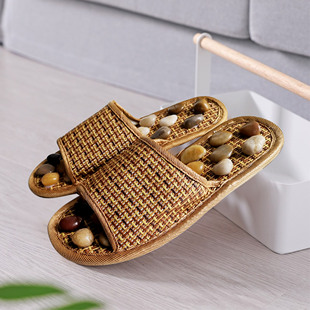 鹅卵石足底按摩拖鞋雨花石穴位按摩保健鞋防滑男女家居亚麻藤草