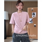 冬圆领纯色净版 宽松半袖 针织衫 X.x.新款 慵懒风短袖 上衣女5356