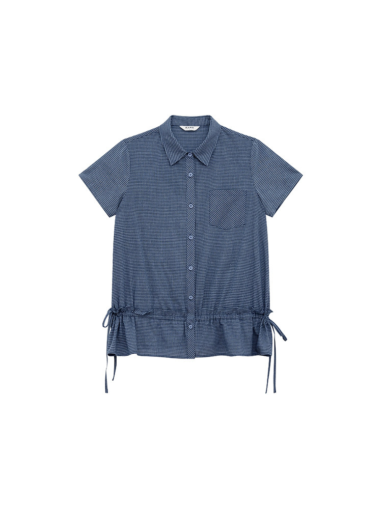 Blue short-sleeve button-up shirt laid flat on a white background