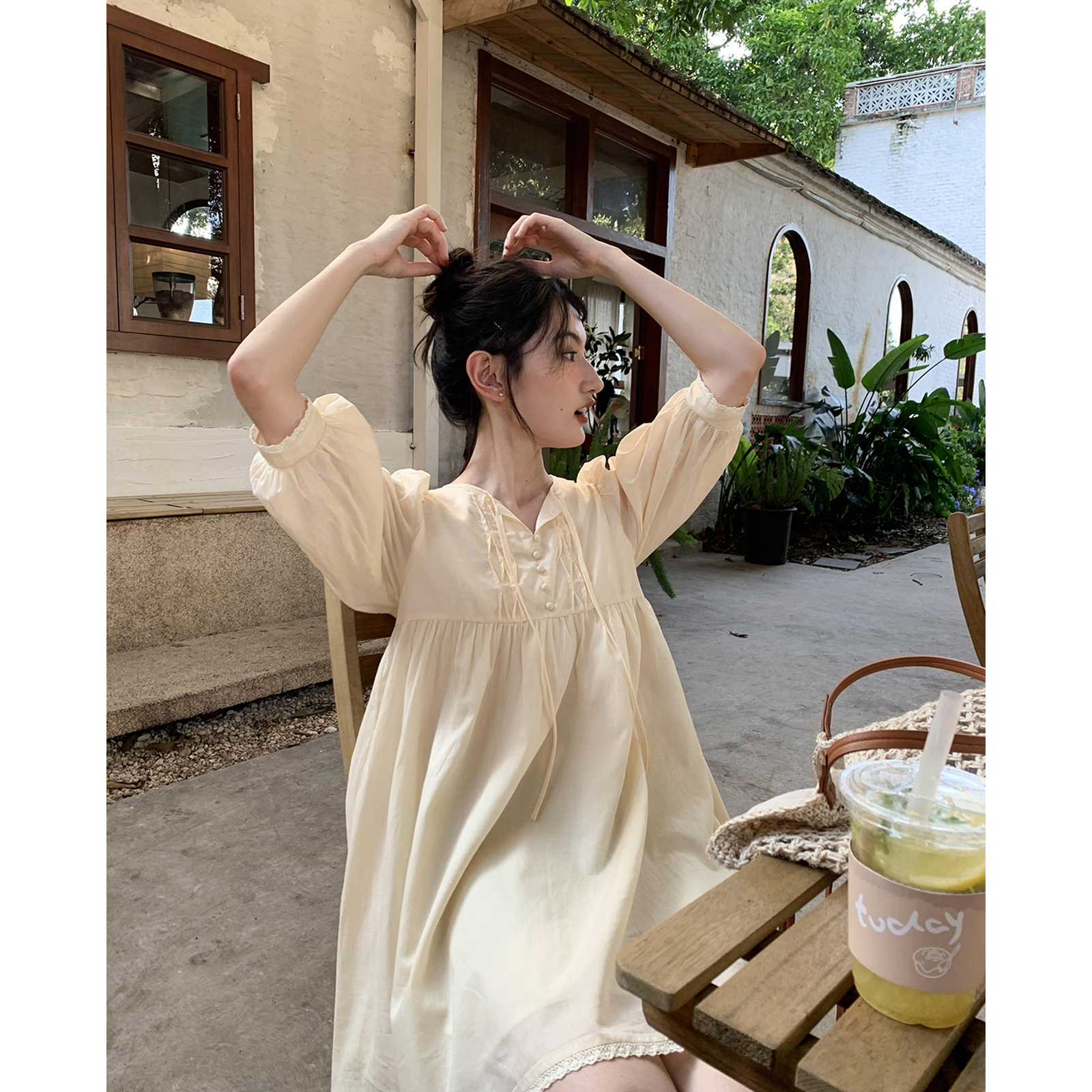 你好卡农 花边系带七分袖连衣裙2023新款女宽松高腰显瘦a字中长裙