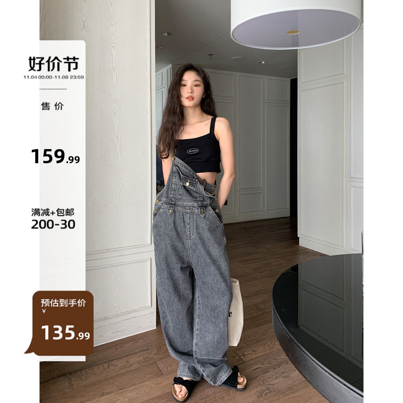 你好卡农 复古直筒牛仔背带裤女夏季新款宽松高腰连体工装牛仔裤