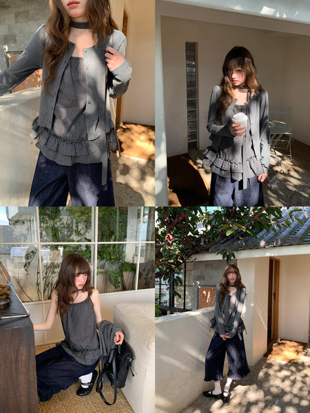 Model wearing a gray cardigan over a gingham ruffle camisole top with wide-leg jeans