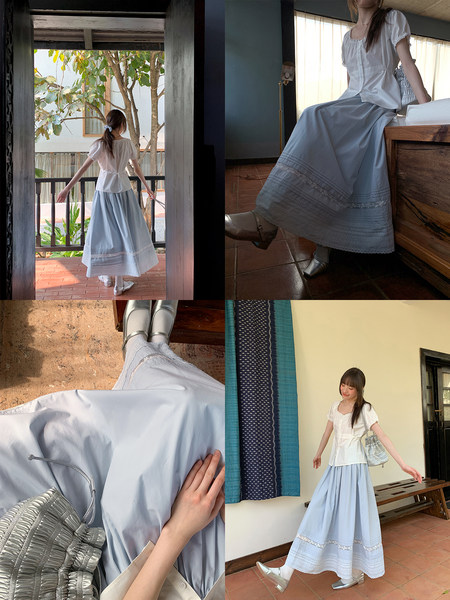 Collage of a woman wearing a light blue long skirt and white blouse outfit