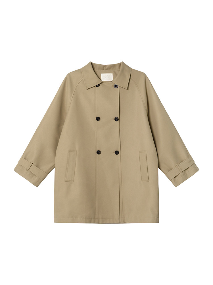 Beige double-breasted trench coat on a white background