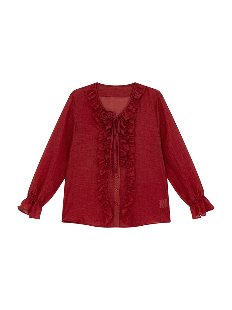 Red sheer ruffled long-sleeve blouse on a white background