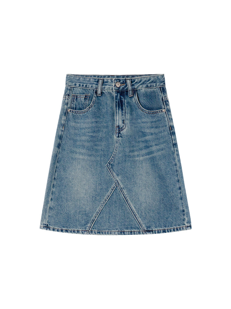 Blue denim skirt on a white background