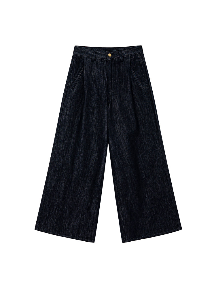 Black wide-leg denim pants on a white background