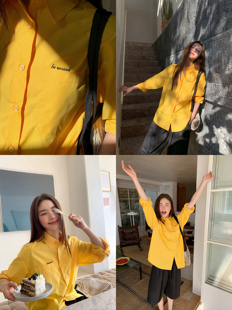 Yellow oversized button-up shirt worn by a model in multiple lifestyle photos