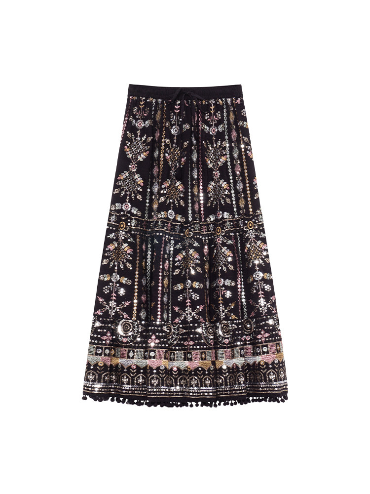 Black embellished maxi skirt laid flat on a white background