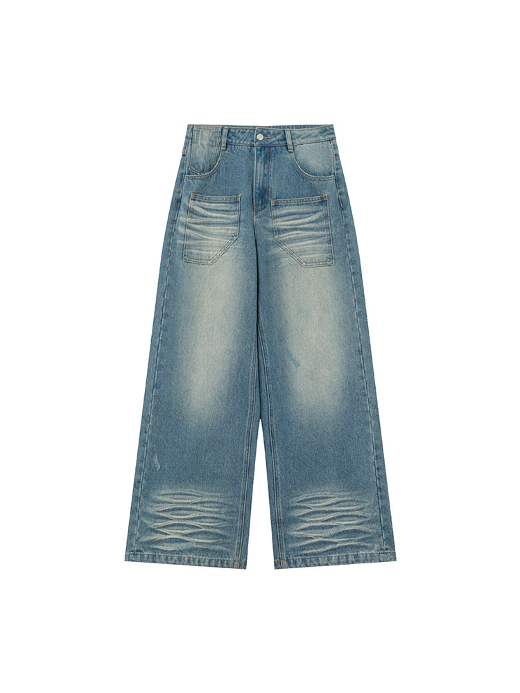 Pair of light blue wide-leg denim jeans laid flat on a white background