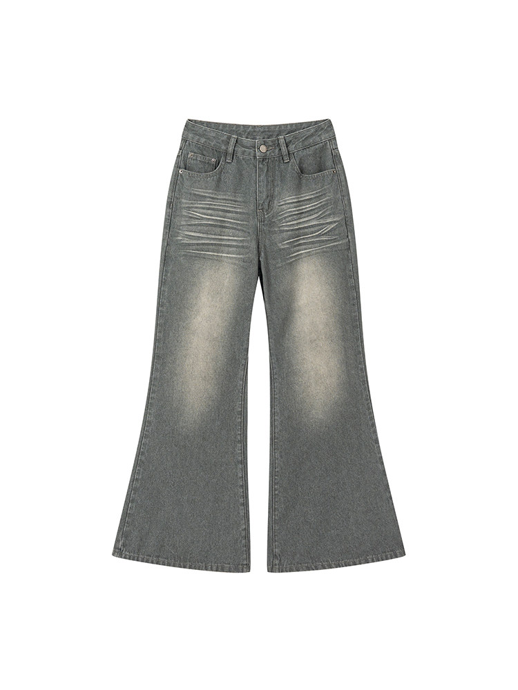 Gray flared denim jeans on a white background