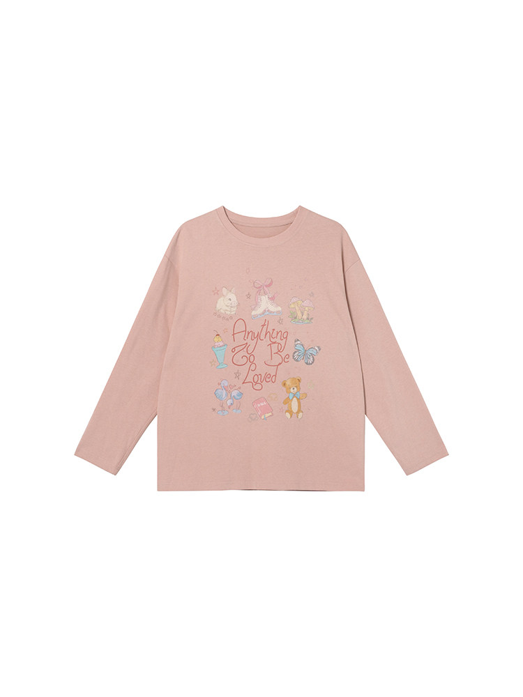 Pink long-sleeve graphic sweatshirt with a cute printed design on a white background