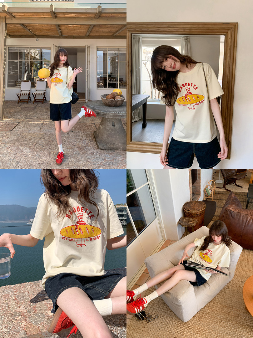 Collage of a cream graphic T-shirt worn by a model in casual lifestyle settings