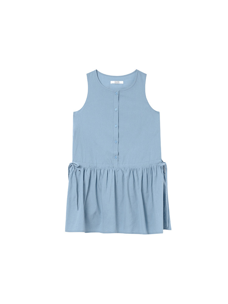 Light blue sleeveless button-front dress laid flat on a white background