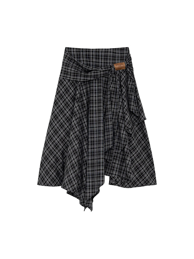 Black plaid wrap-style skirt on a white background