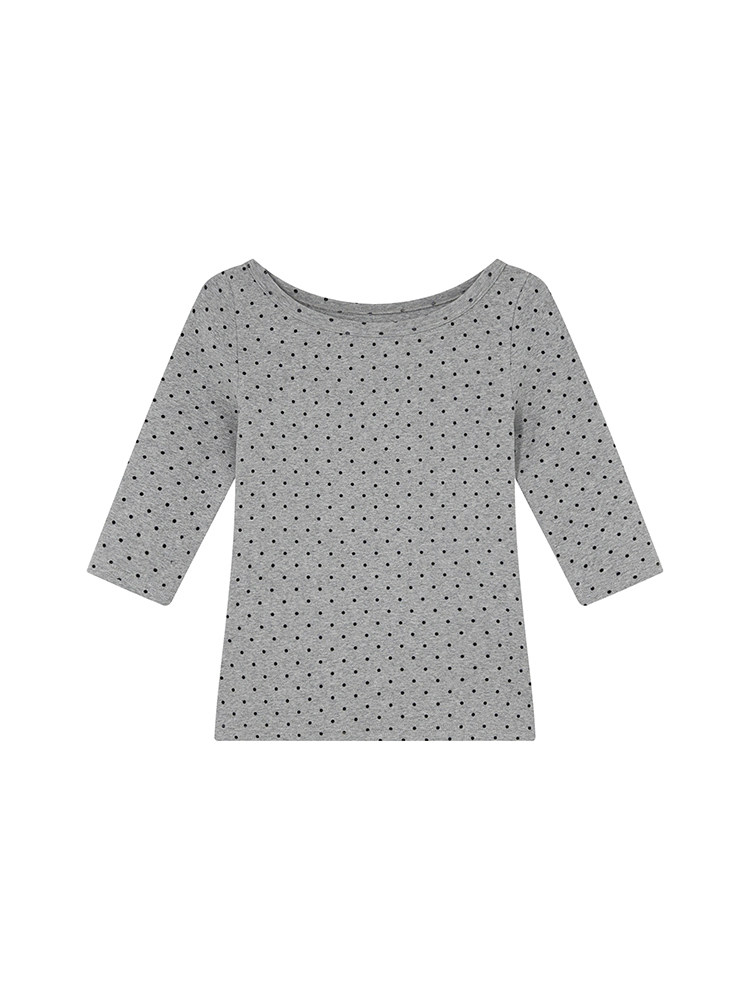 Gray polka dot long-sleeve top laid flat on a white background