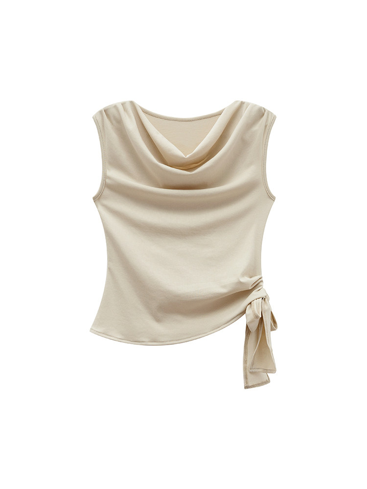 Beige sleeveless draped top with side tie on a white background
