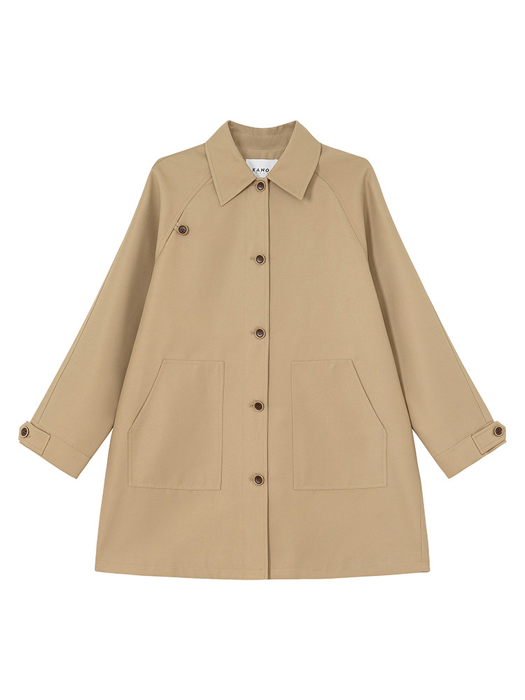 Beige button-front coat with large pockets on a white background