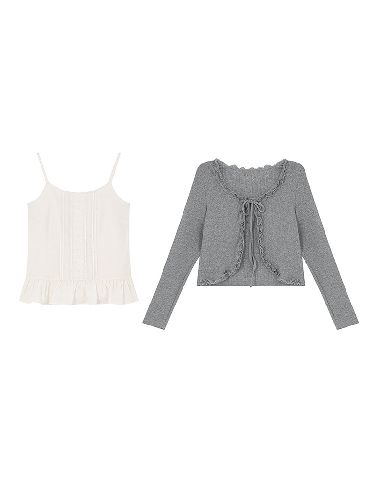 Cream camisole top and gray long-sleeve cardigan laid flat on a white background
