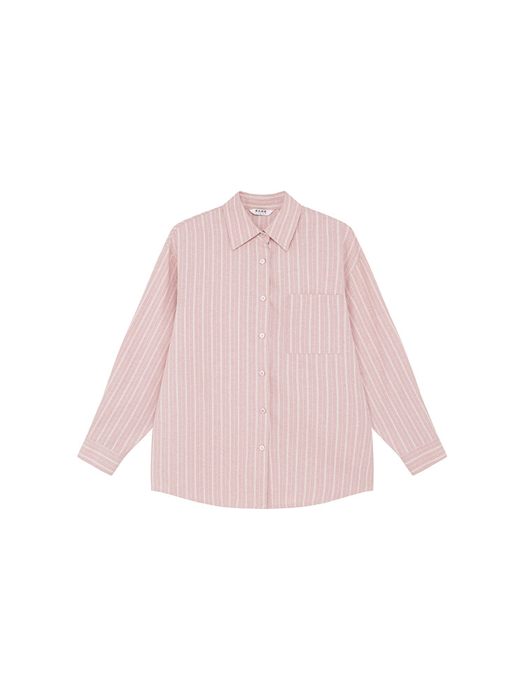 Pink striped long-sleeve button-up shirt on a white background
