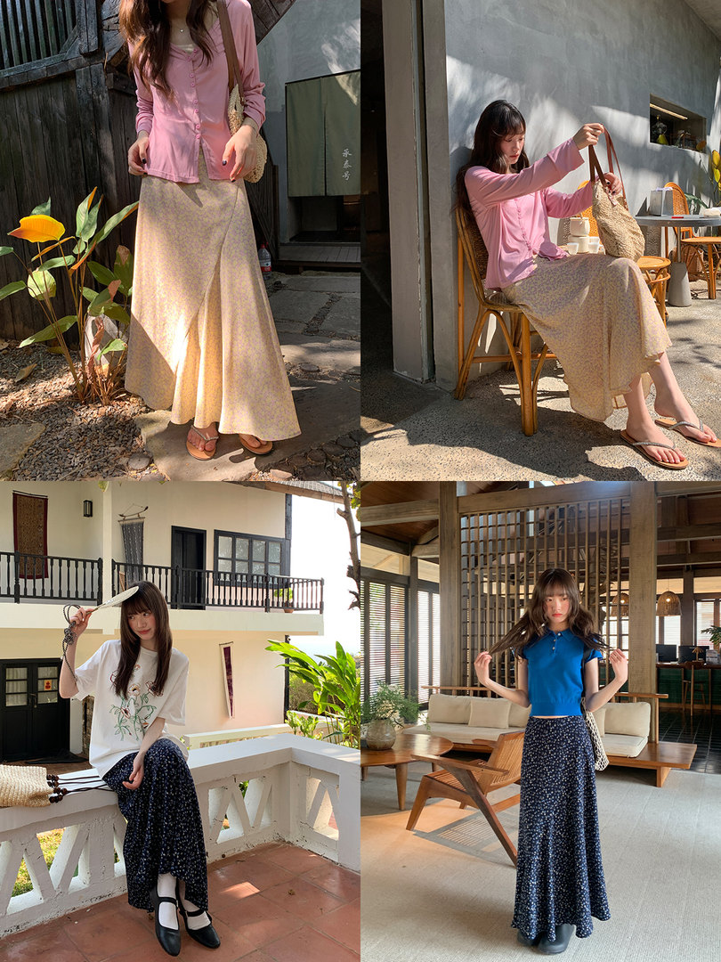 Collage of women modeling colorful tops with long printed skirts in sunny outdoor settings