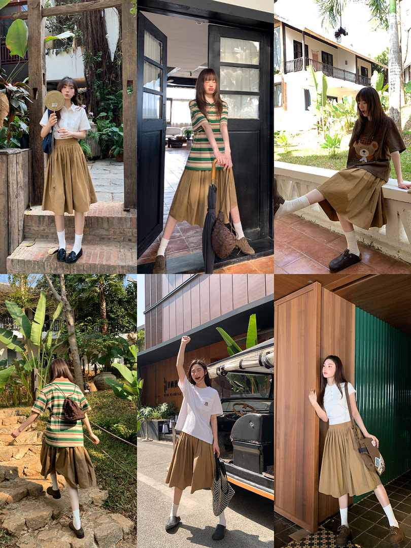 Collage of a khaki pleated midi skirt styled on models in outdoor settings