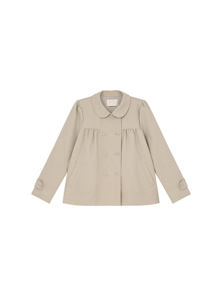 Beige double-breasted coat laid flat on a white background