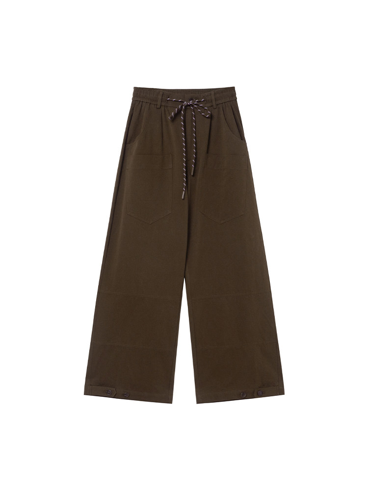 Brown wide-leg pants with drawstring waist on a white background