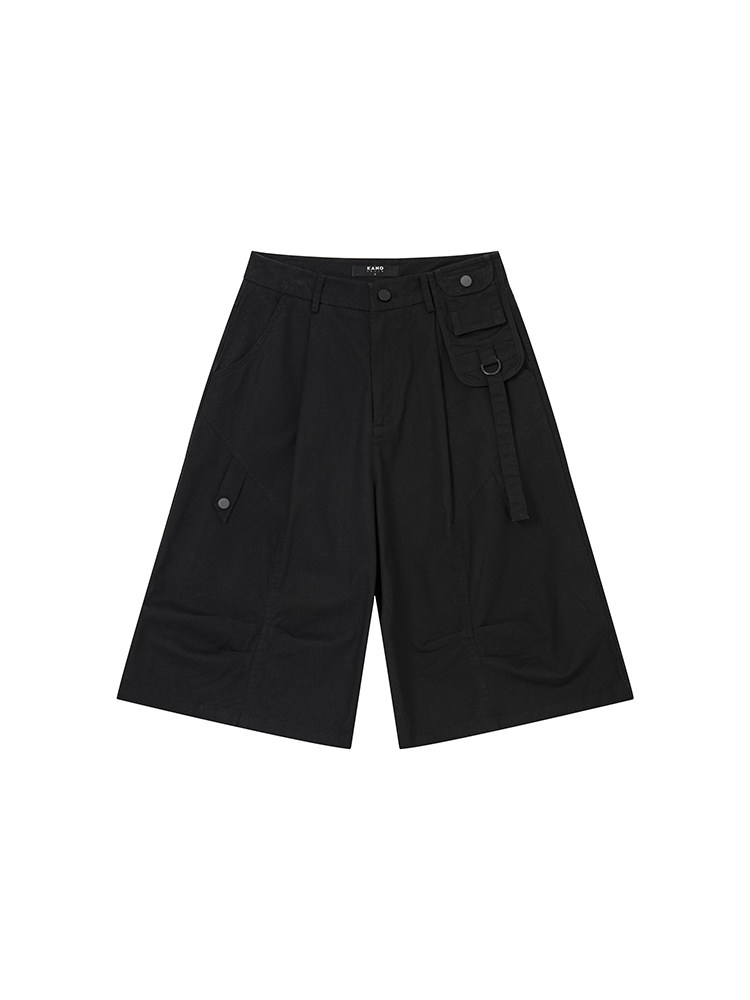 Black wide-leg cargo shorts on a white background