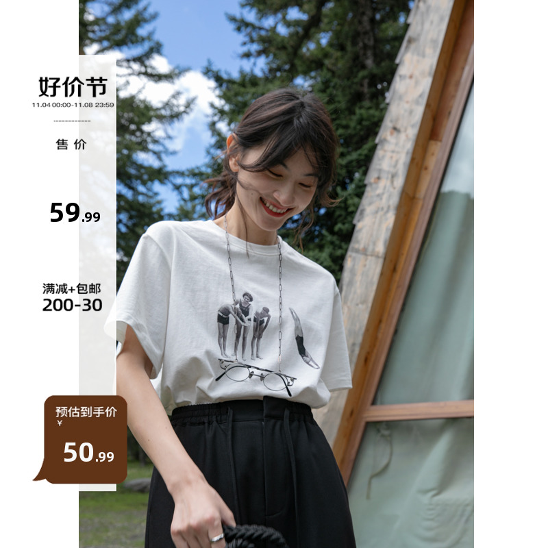 你好卡农 原创人物印花纯棉T恤女2023夏季新薄款宽松圆领短袖上衣