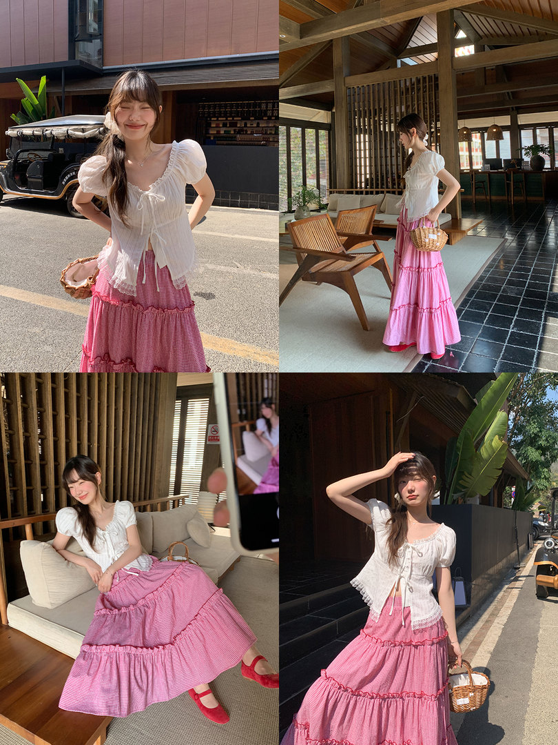 Woman modeling a white puff-sleeve top with a pink tiered skirt in multiple lifestyle shots