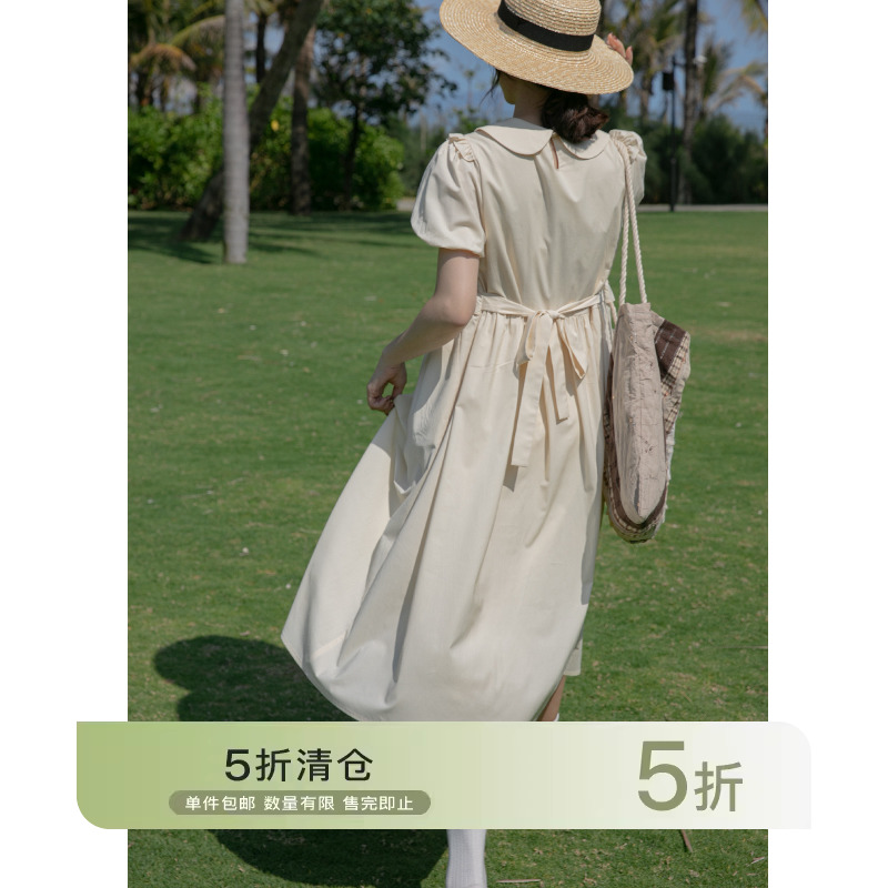 你好卡农 娃娃领短袖连衣裙女夏季新款法式复古花边宽松收腰长裙